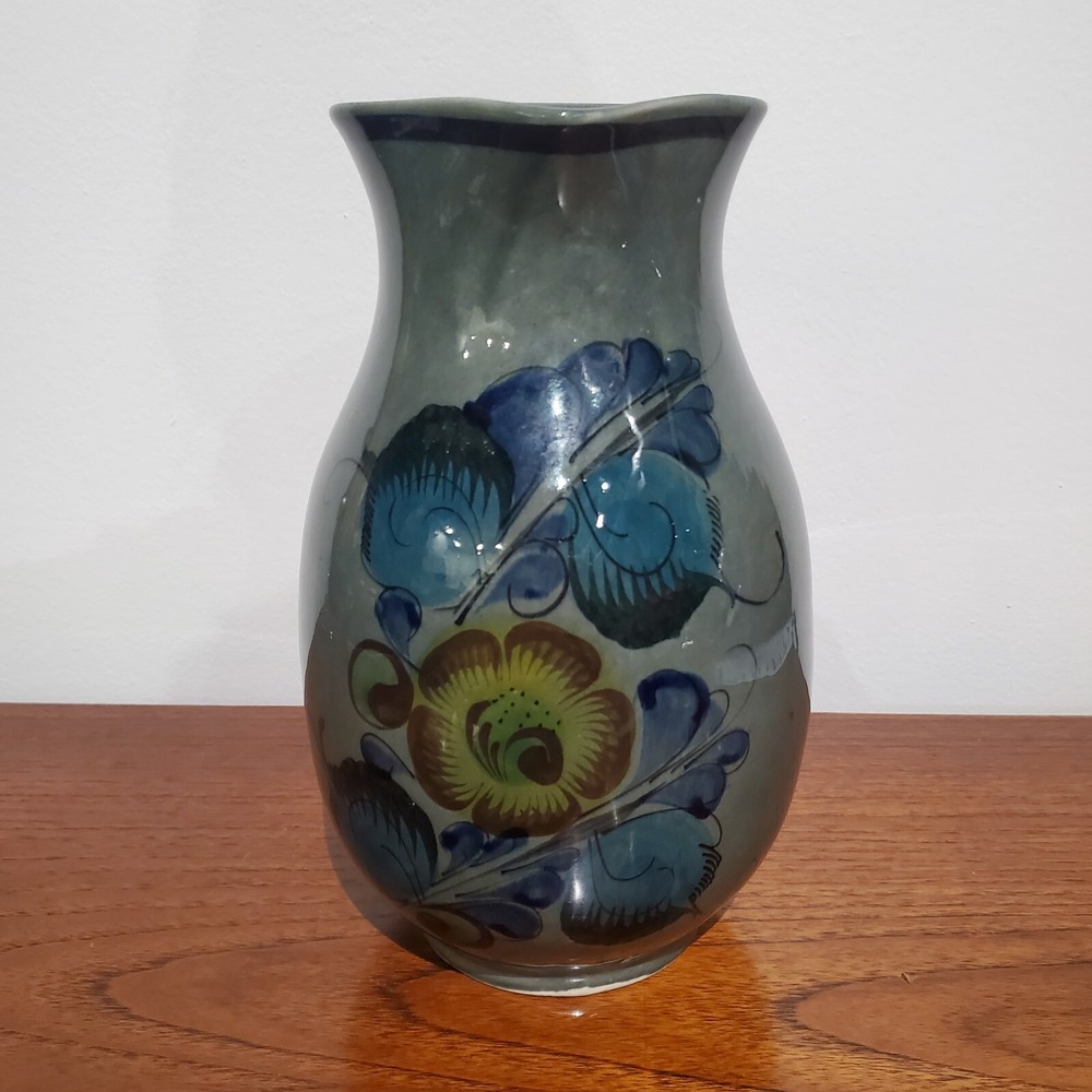 10 Inch Hand Painted Contemporary Mexican Pitcher Gray With Floral Motif‎